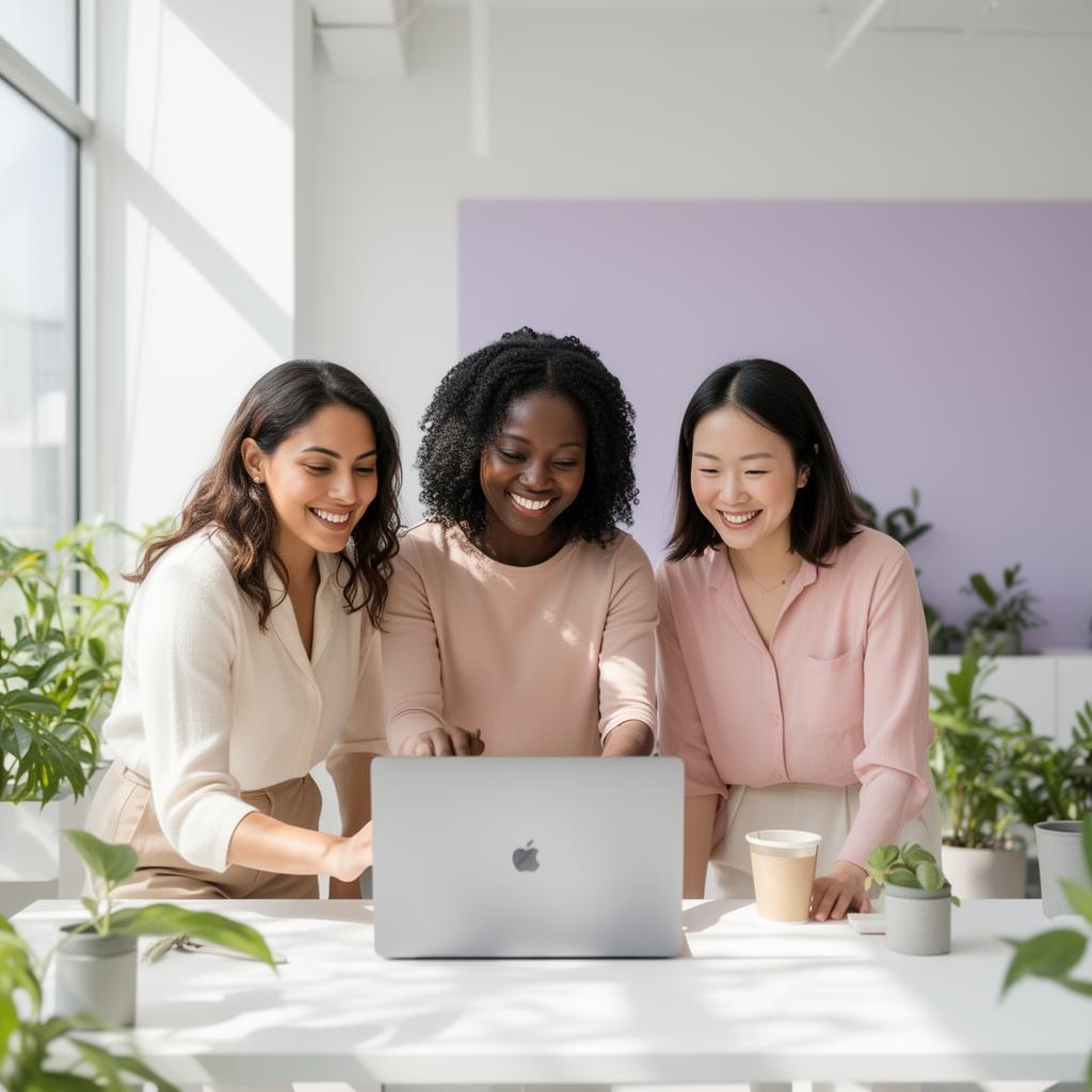 Tres mujeres colaborando alrededor de una laptop
